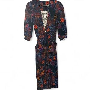 Breli Originals Vintage Multicolor Floral Wrap Dress with Puff Sleeves and Belt